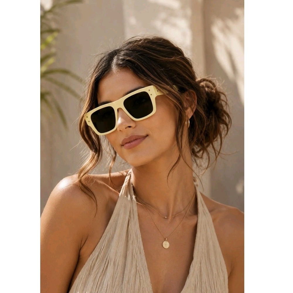 Free People Brisbane Studded Rectangle Sunglasses Banana Cream Yellow OB1496660